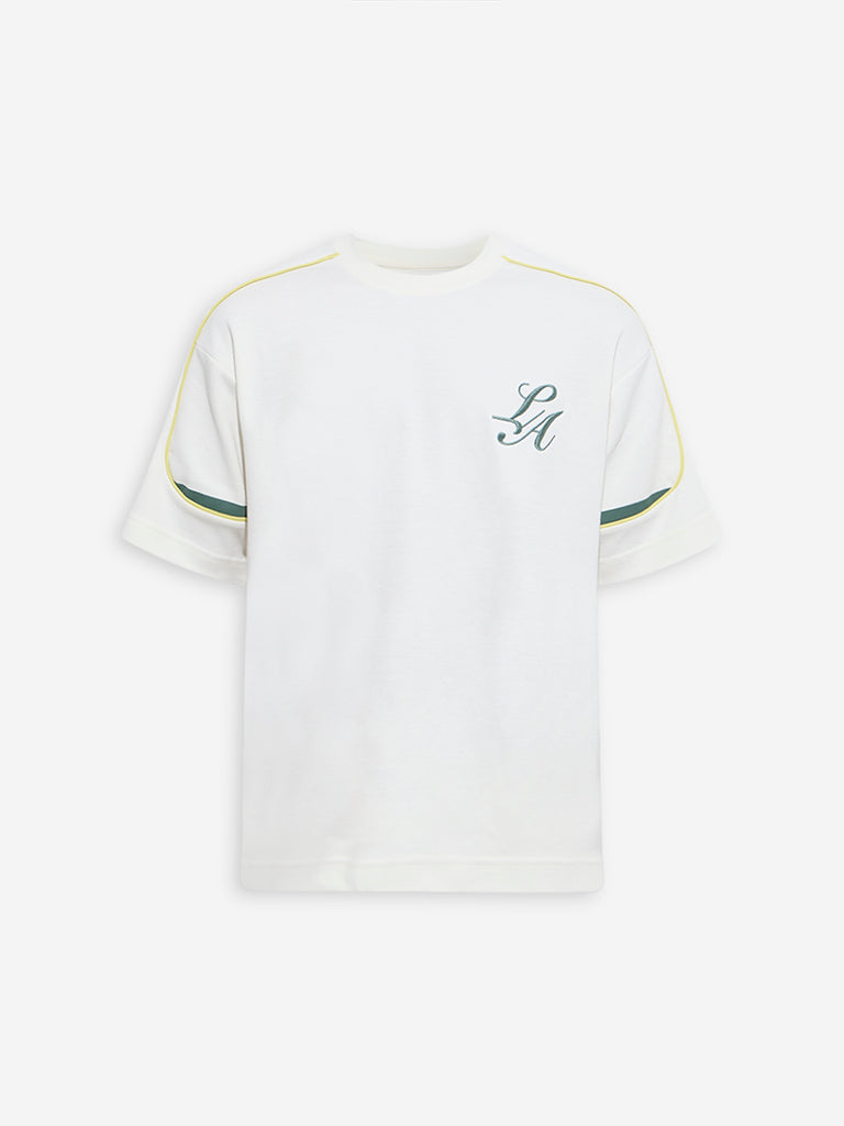 Westside Studiofit Men's White Text Relaxed-Fit Cotton-Blend T-Shirt for Sports Wear Flatly View