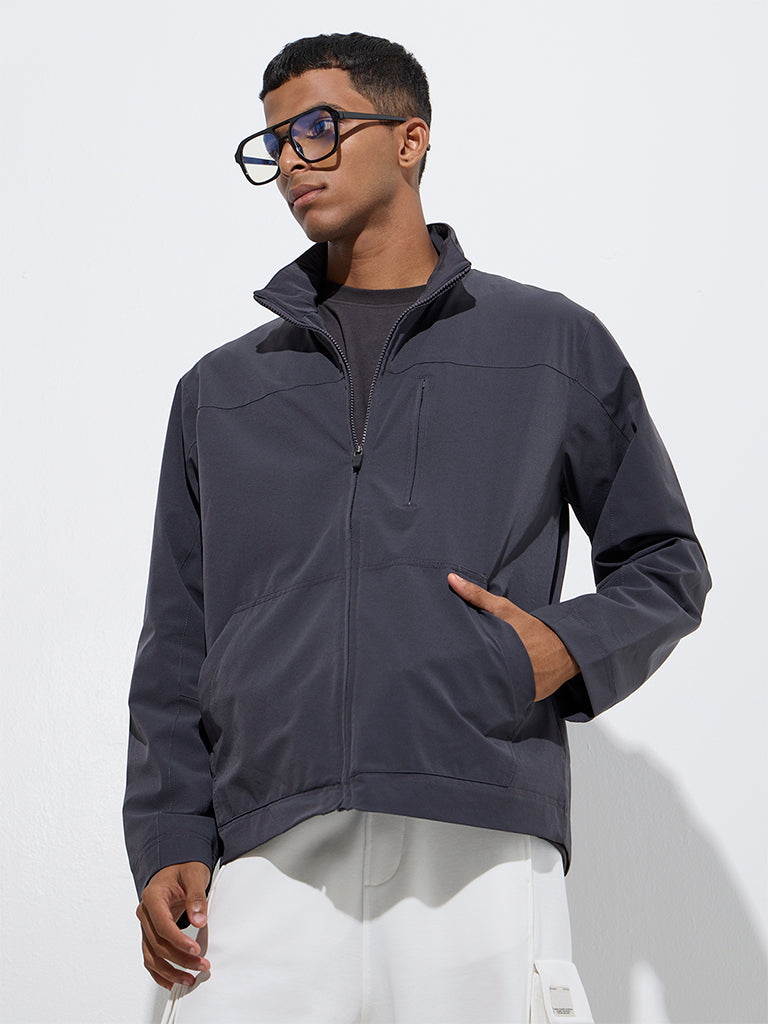 Westside Studiofit Men's Charcoal Solid Relaxed-Fit Jacket for Sports Wear Front View