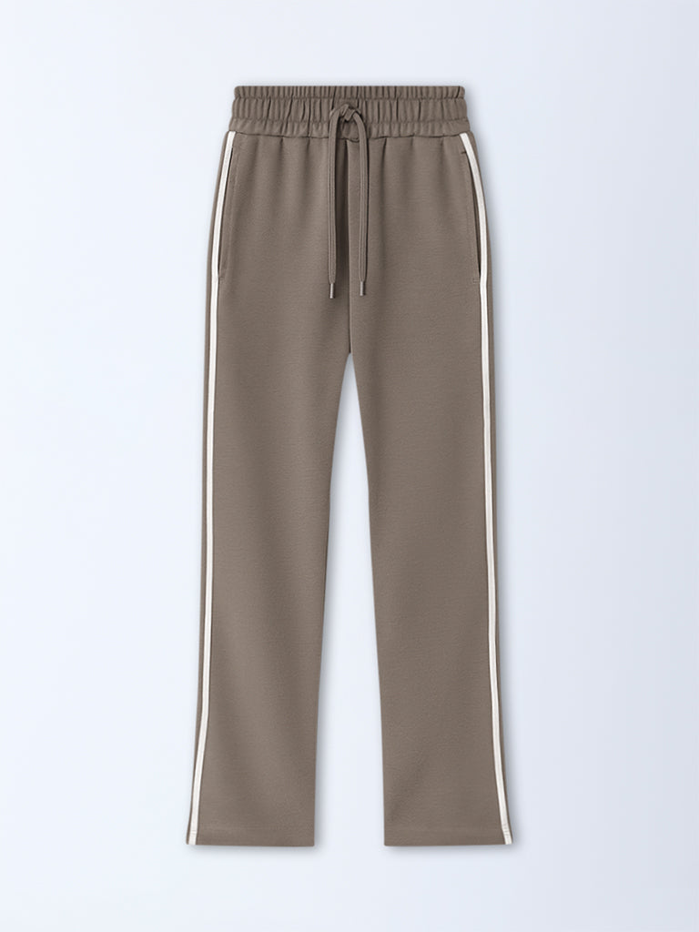 Westside Studiofit Men's Taupe Striped Mid-Rise Cotton-Blend Track Pants for Sports Wear Flatly