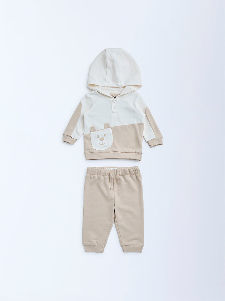 HOP Baby Beige Animal Printed Cotton Sweatshirt with Joggers Set