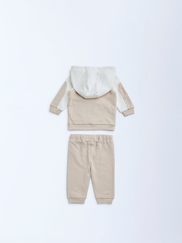 HOP Baby Beige Animal Printed Cotton Sweatshirt with Joggers Set
