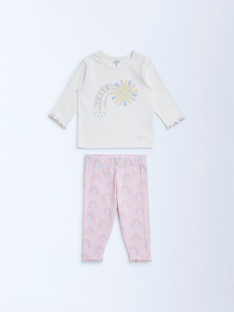 Westside HOP Baby Girl's Pink Rainbow Design Cotton Top and Pants Set for Casual Wear Front View