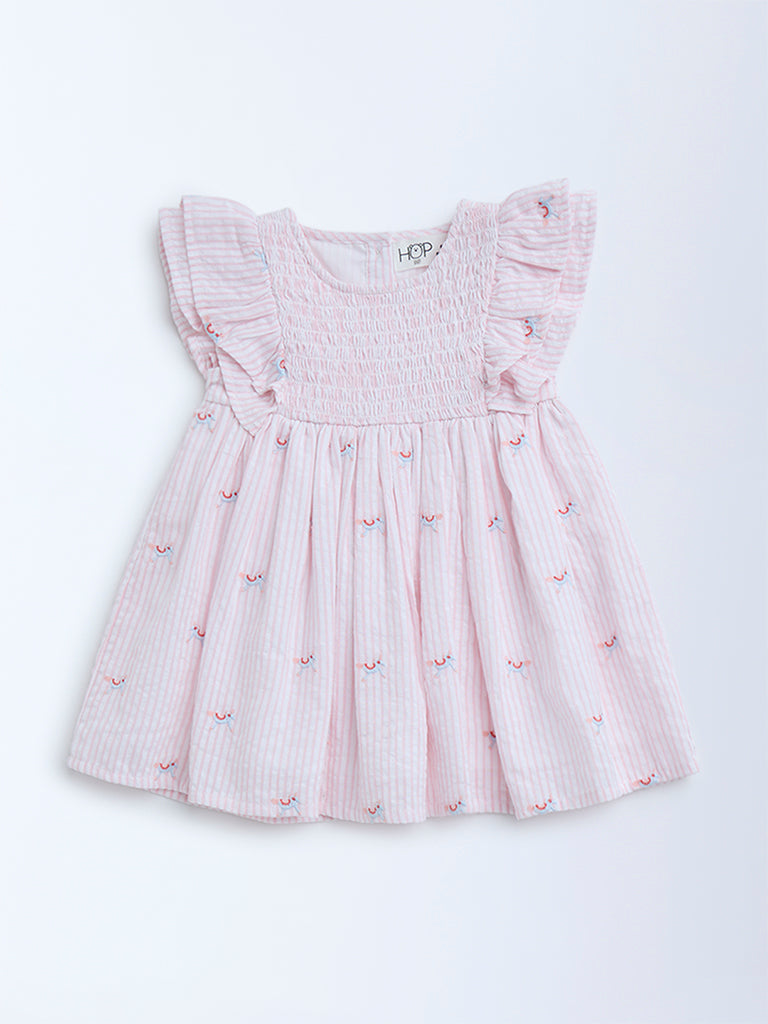 HOP Baby Pink Stripe Printed Cotton A-Line Dress