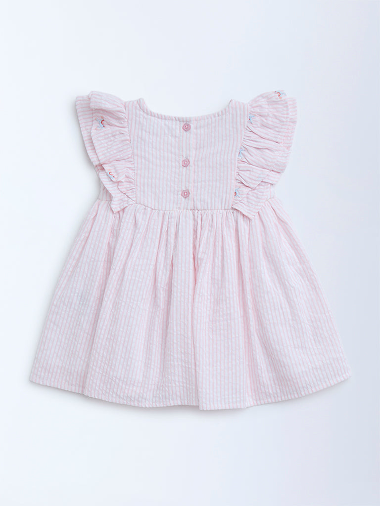 HOP Baby Pink Stripe Printed Cotton A-Line Dress