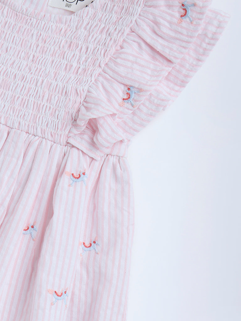 HOP Baby Pink Stripe Printed Cotton A-Line Dress