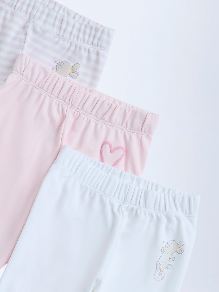 HOP Baby Pink Printed Mid-Rise Cotton Pants - Pack of 3