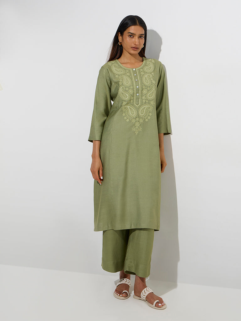 Buy Zuba Green Paisley Embroidered A-Line Kurta from Westside