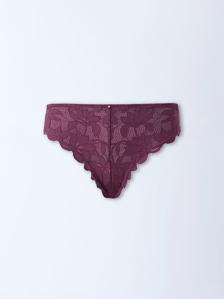 Wunderlove Wine Lace-Detailed Lace Briefs