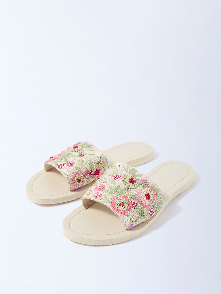 LUNA BLU Pink Floral Embroidered Slides