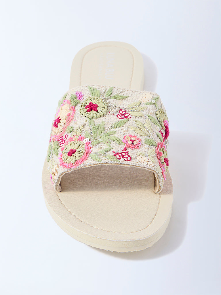 LUNA BLU Pink Floral Embroidered Slides