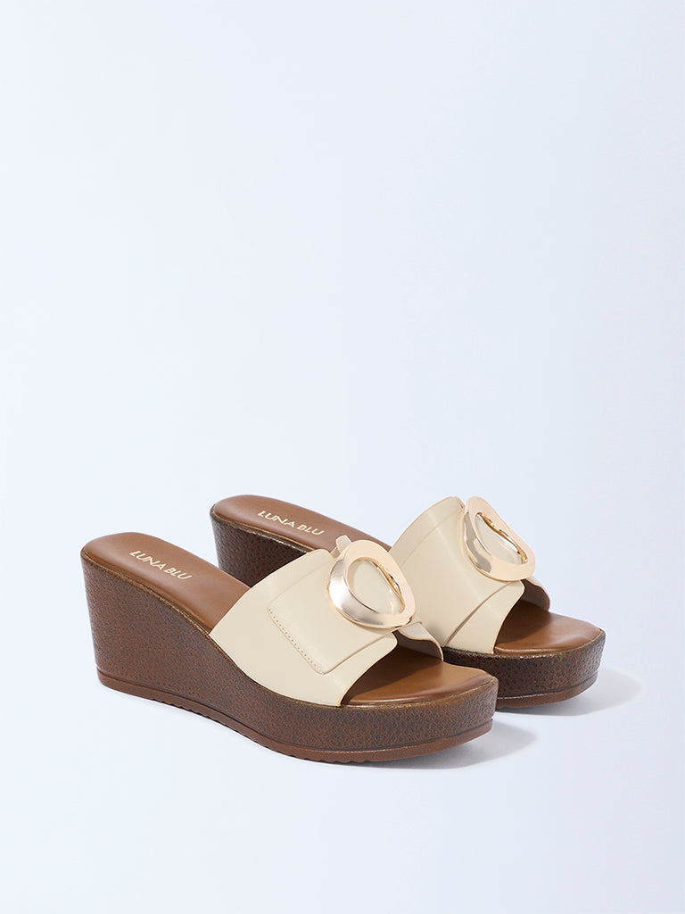 Westside LUNA BLU Women's Beige Hardware-Detailed Wedge Sandals for Casual Wear Front View