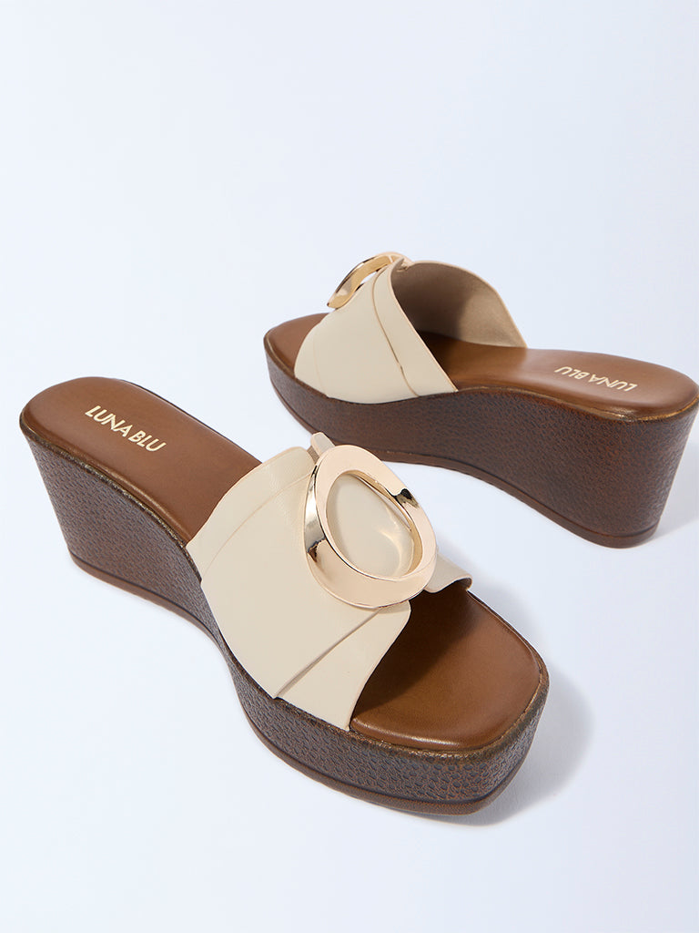 Westside LUNA BLU Women's Beige Hardware-Detailed Wedge Sandals for Casual Wear Top View
