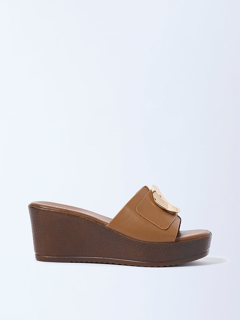 Westside LUNA BLU Women's Brown Hardware-Detailed Wedge Sandals for Casual Wear Side View