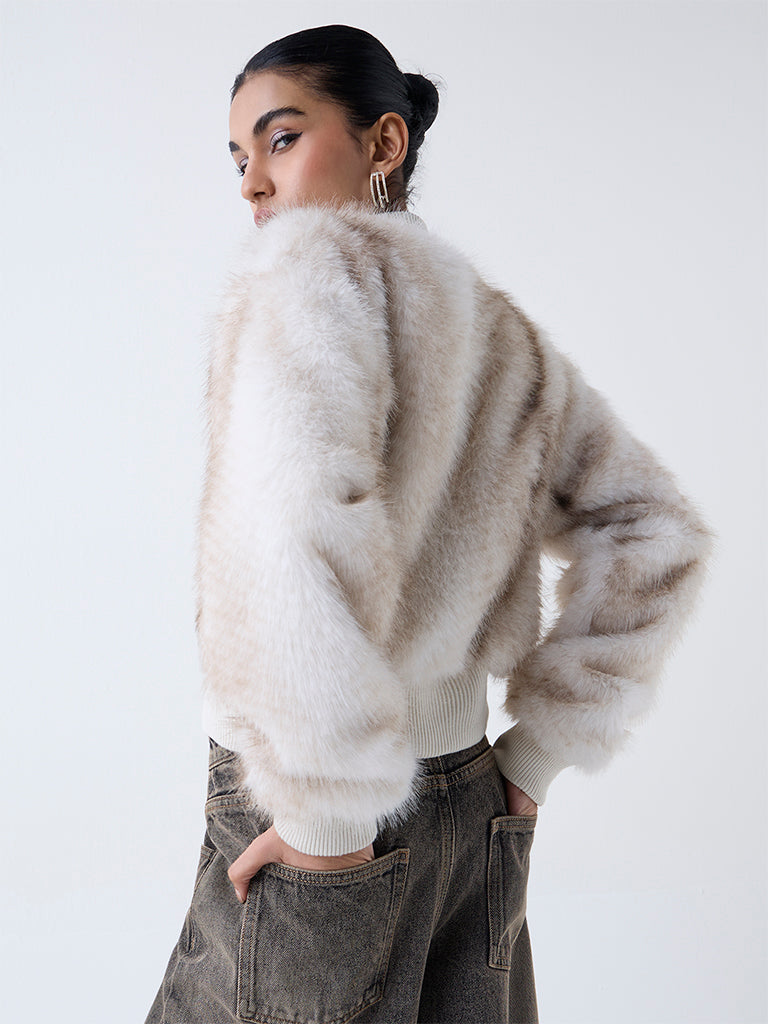Nuon Off-White Printed Faux-Fur Jacket