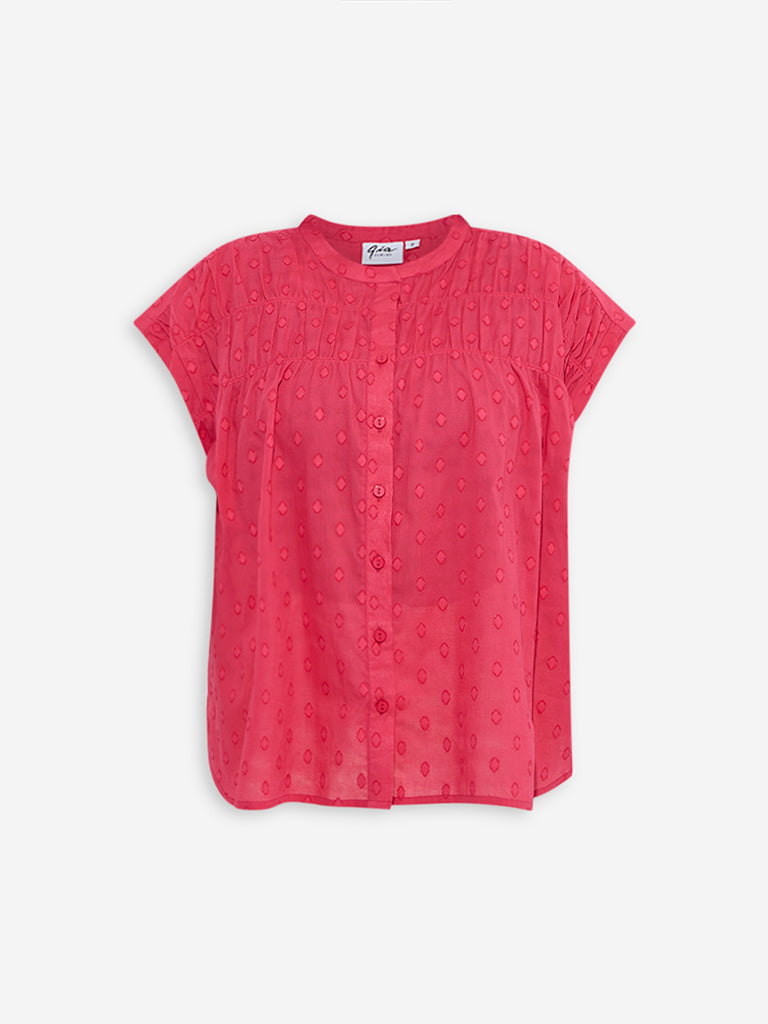 Westside Gia Women's Fuchsia Self-Patterned Cotton Blouse for Casual Wear Flatly View