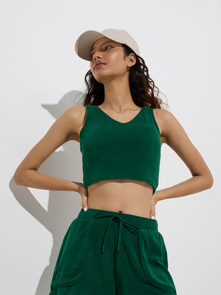 Westside Studiofit Women's Green Textured Crop Top for Sports Wear Front View