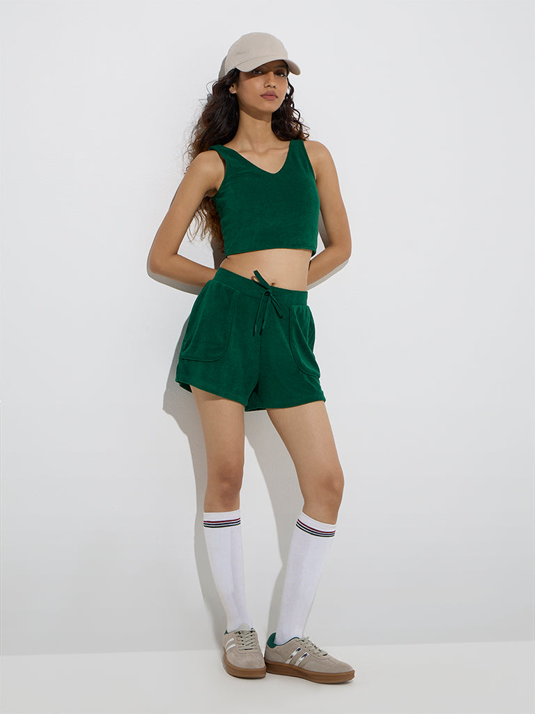 Westside Studiofit Women's Green Textured Crop Top for Sports Wear Full Model View
