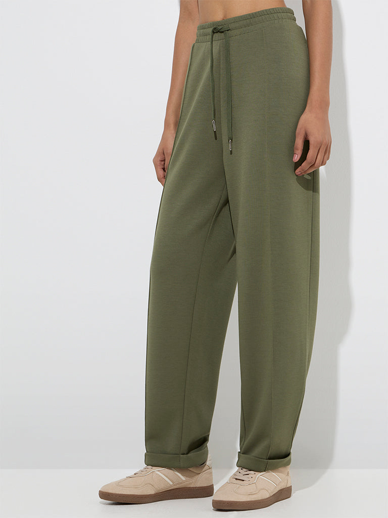LOV Olive Solid High-Rise Pants