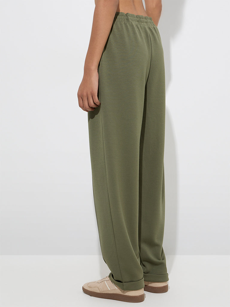 LOV Olive Solid High-Rise Pants