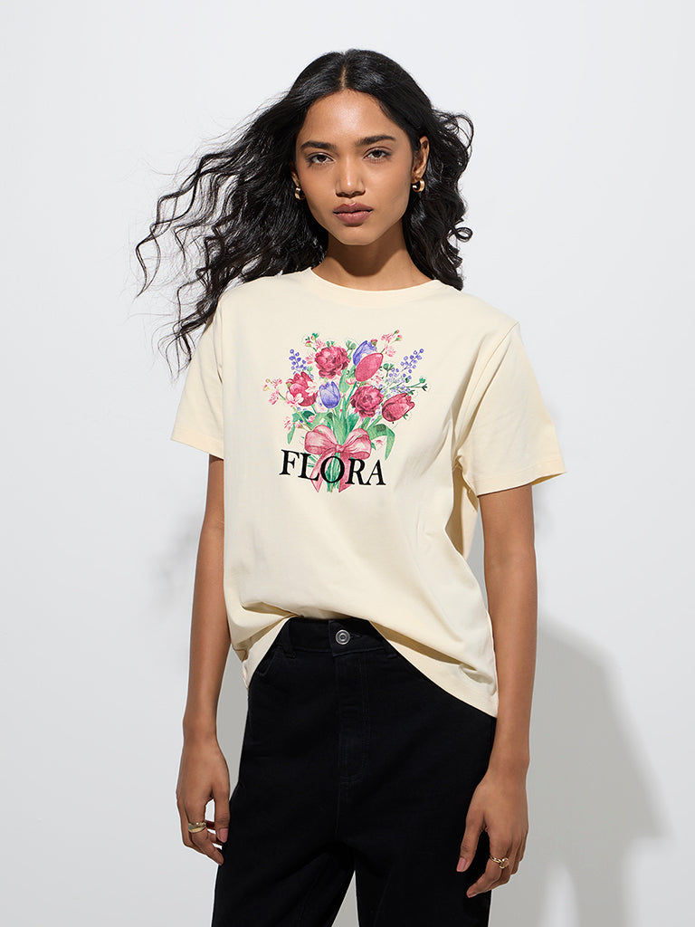Westside LOV Women's Cream Floral Detailed Cotton T-Shirt for Casual Wear Front View
