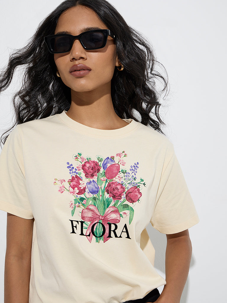Westside LOV Women's Cream Floral Detailed Cotton T-Shirt for Casual Wear Zoom View