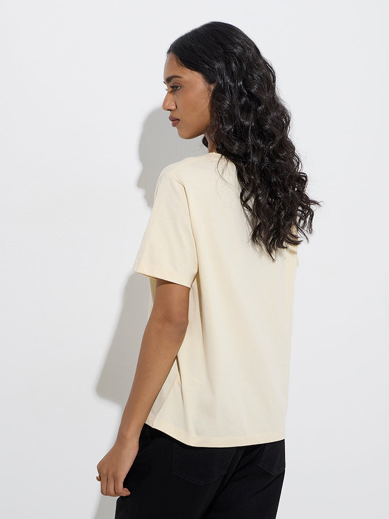 Westside LOV Women's Cream Floral Detailed Cotton T-Shirt for Casual Wear Back View