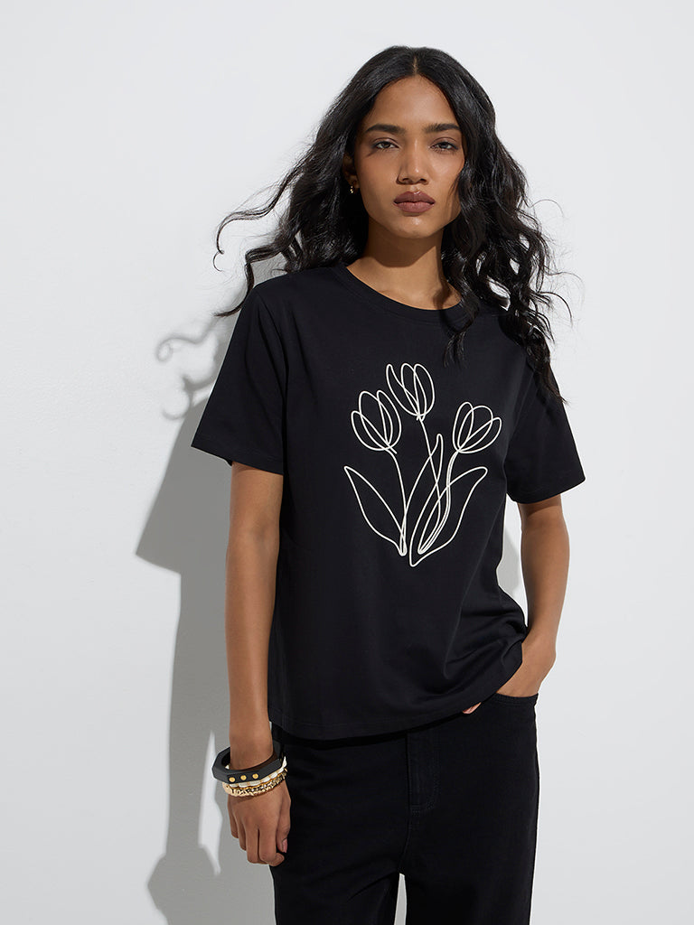 Buy LOV Black Floral Design Cotton T-Shirt from Westside - Main Image