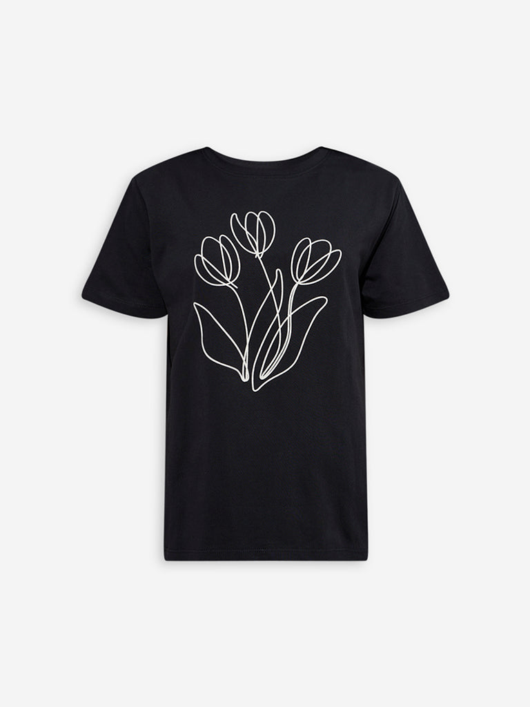 Westside LOV Women's Black Floral Design Cotton T-Shirt for Casual Wear Flatly View