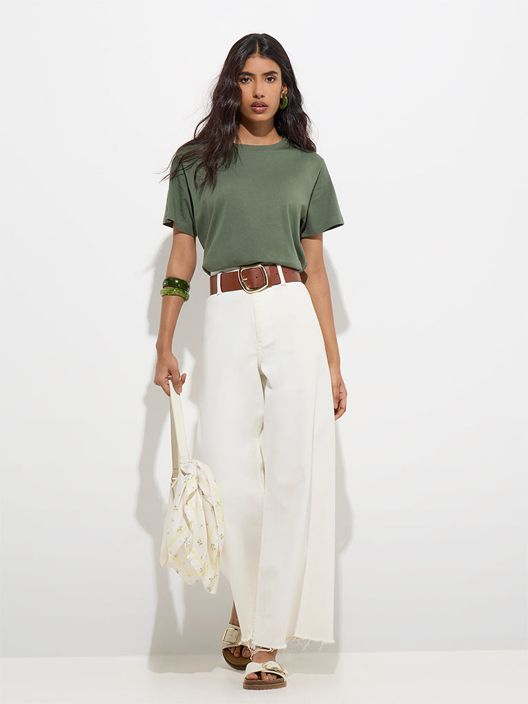 Westside LOV Women's Olive Solid Cotton T-Shirt for Casual Wear Full Model View