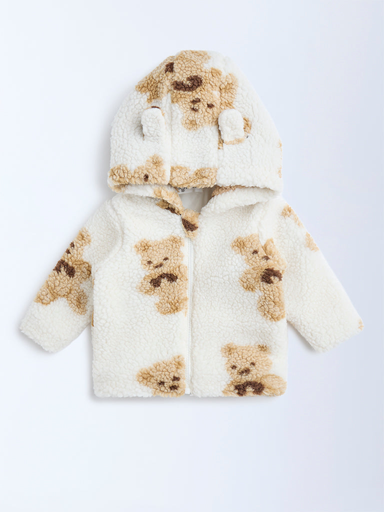 HOP Baby Off-White Printed Faux Fur Sweater