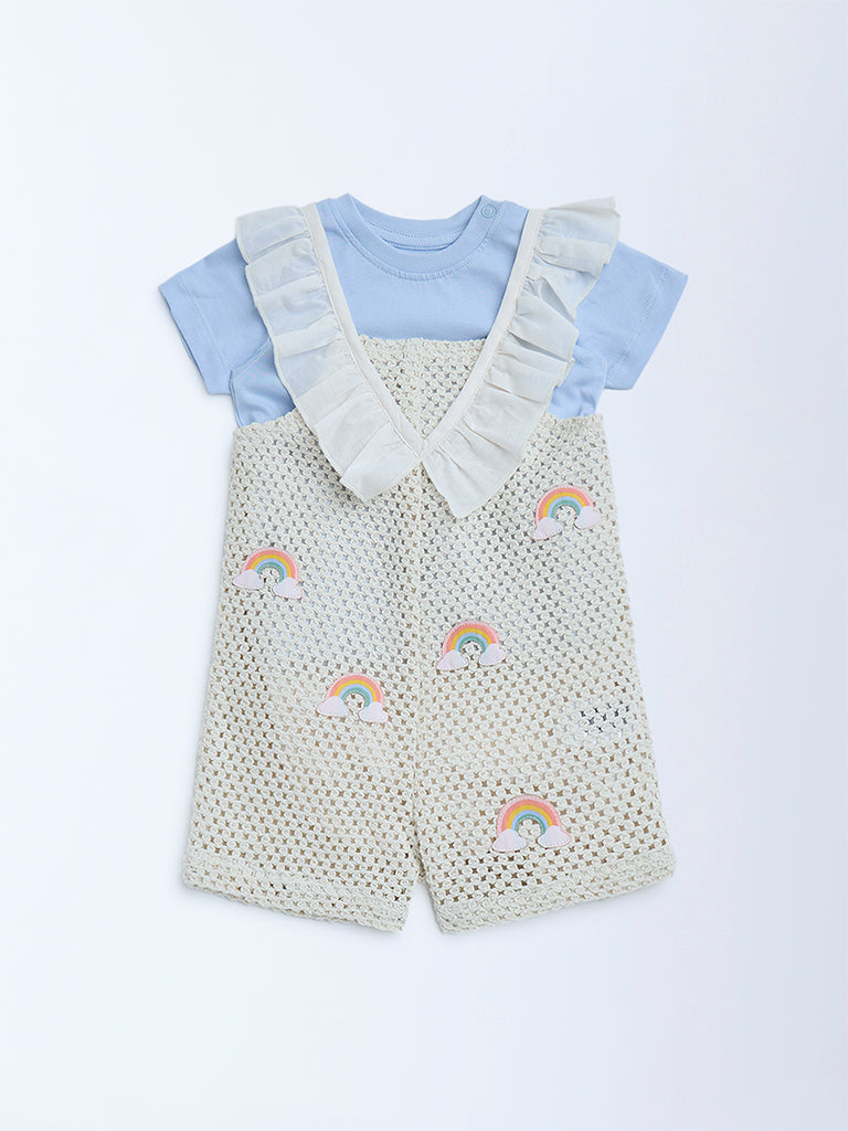HOP Baby Off-White Crochet-Detailed Cotton Dungaree with T-Shirt Set