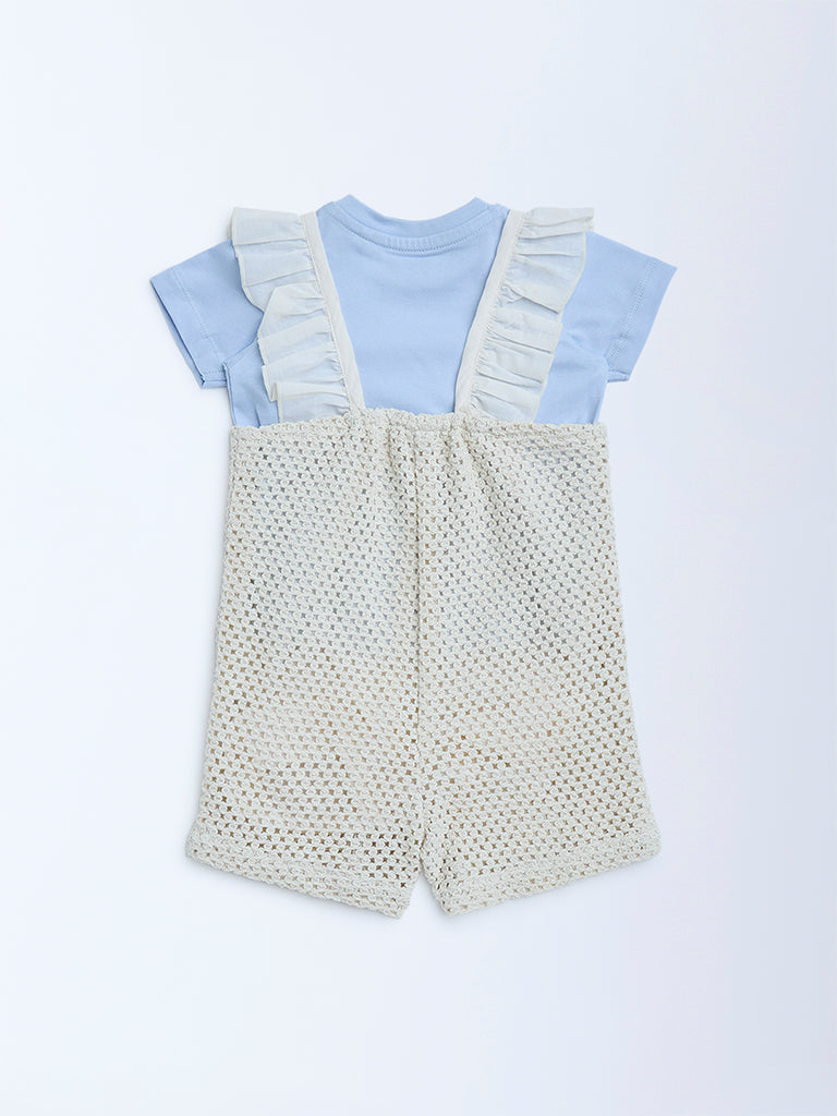 HOP Baby Off-White Crochet-Detailed Cotton Dungaree with T-Shirt Set