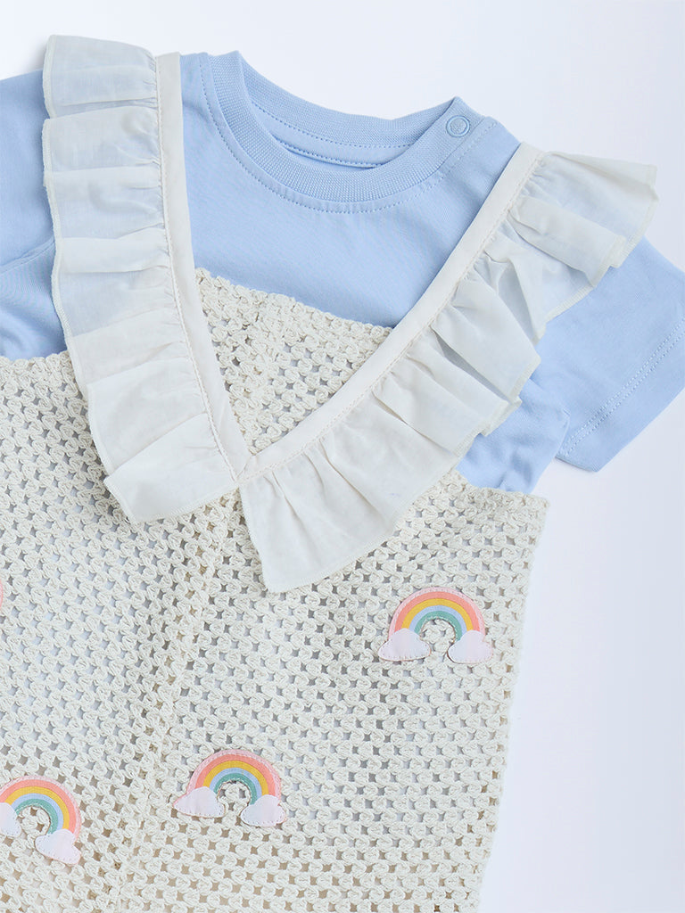 HOP Baby Off-White Crochet-Detailed Cotton Dungaree with T-Shirt Set