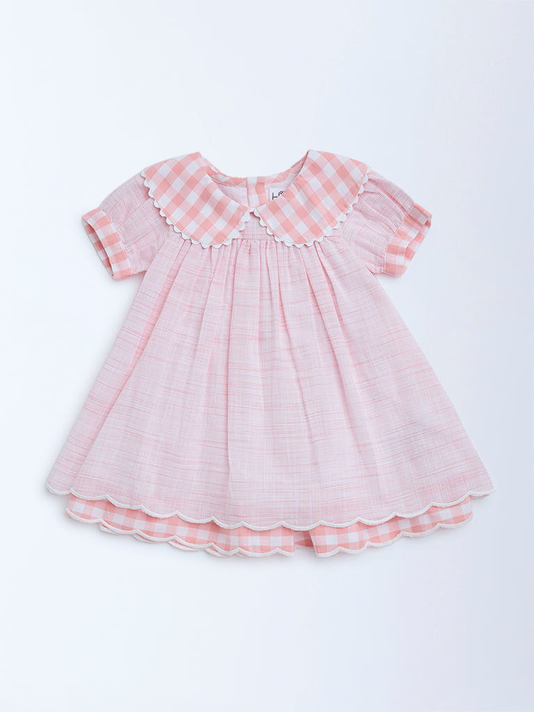 HOP Baby Pink Checks Design Cotton A-Line Dress