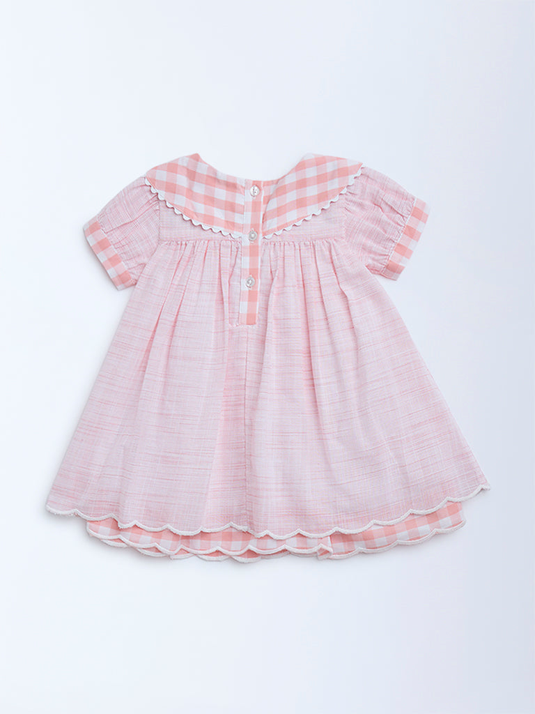 HOP Baby Pink Checks Design Cotton A-Line Dress