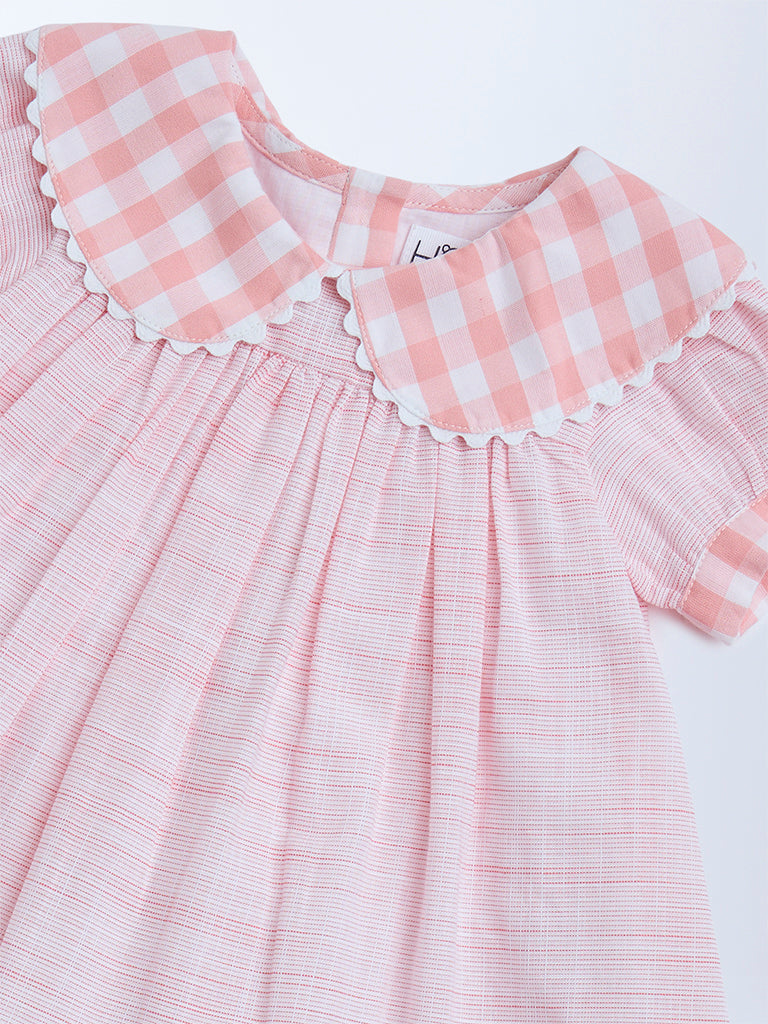 HOP Baby Pink Checks Design Cotton A-Line Dress
