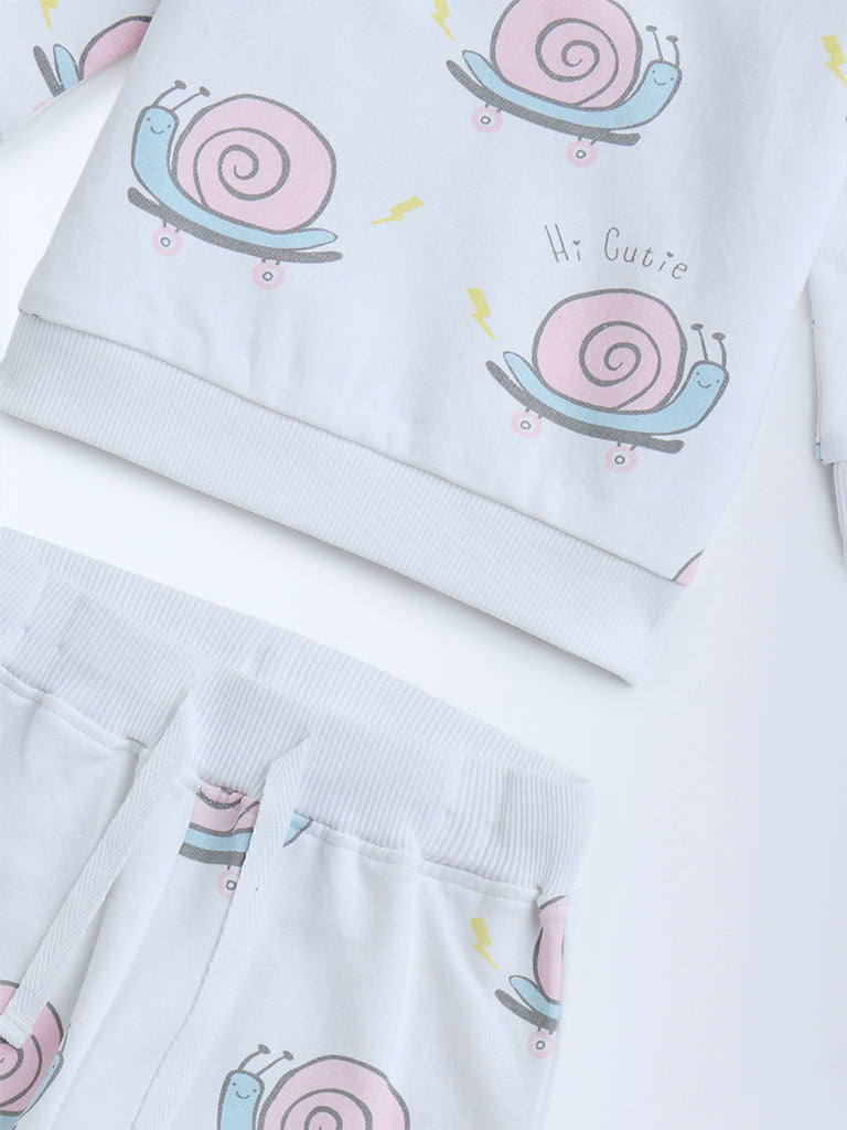 HOP Baby White Animal Printed Cotton T-Shirt and Joggers Set