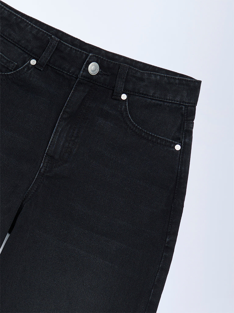 Girls Black Wide-Leg High-Rise Jeans