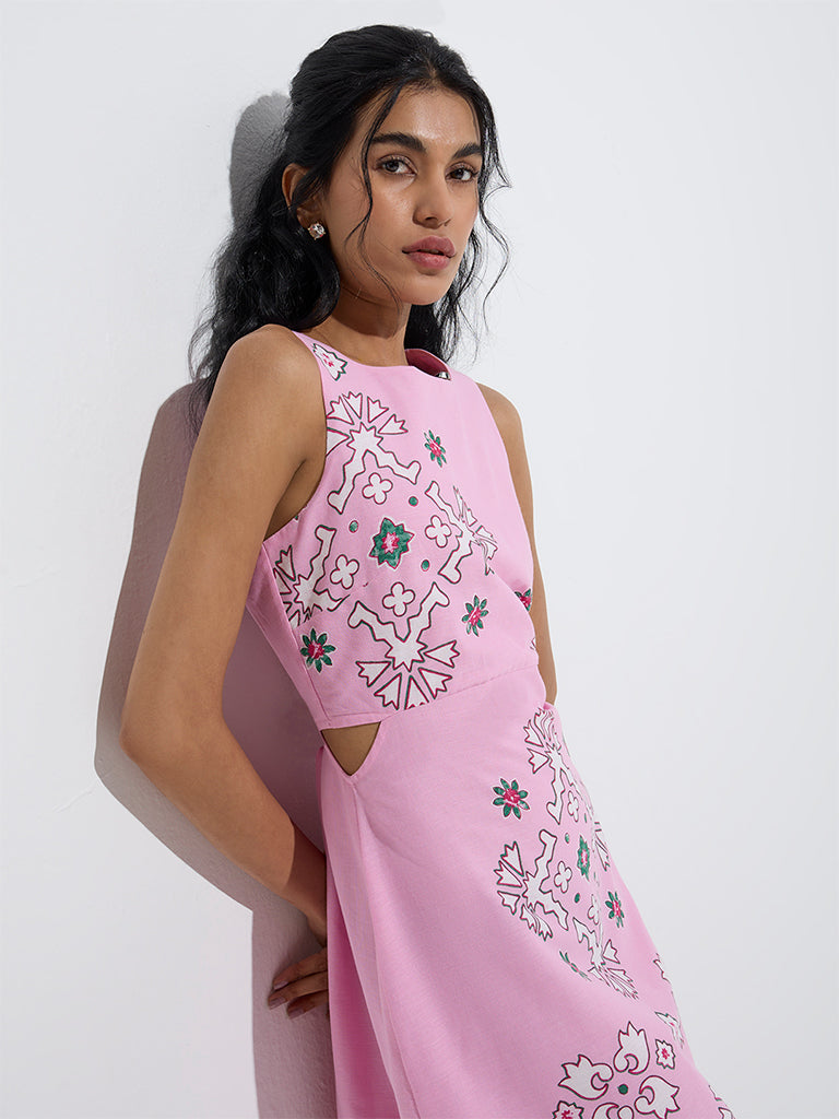 Westside Bombay Paisley Women's Pink Printed Cotton-Blend A-Line Dress for Everyday Zoom View