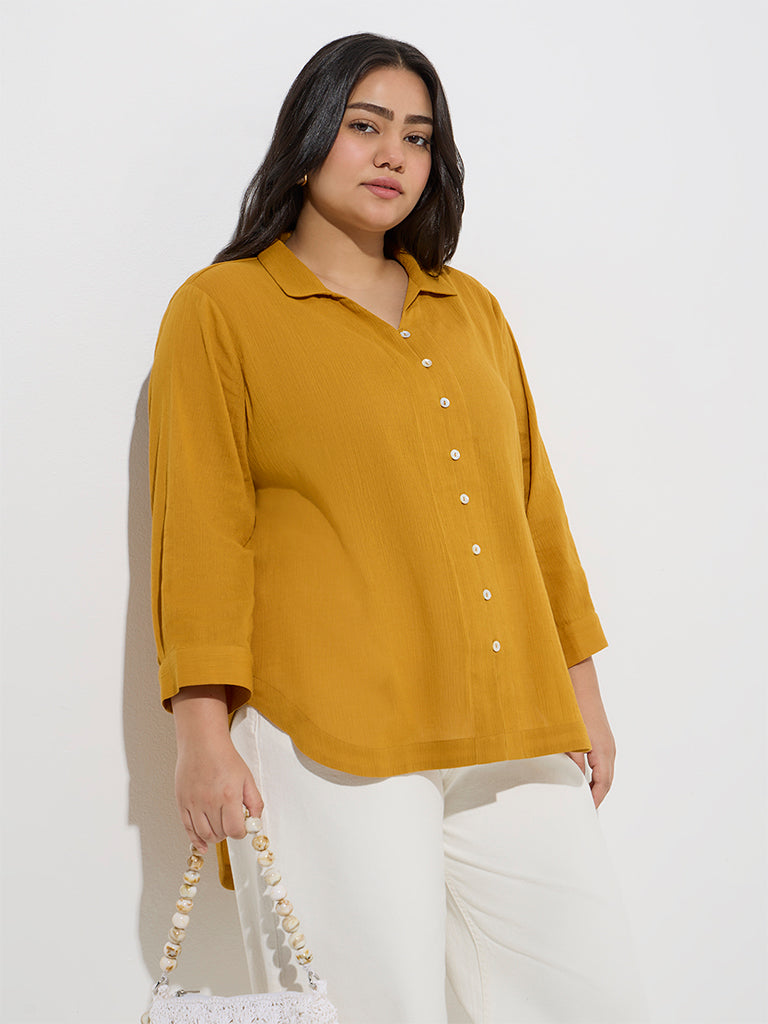 Westside Gia Women's Mustard Crinkle-Textured Cotton Blouse for Casual Wear Full Model View