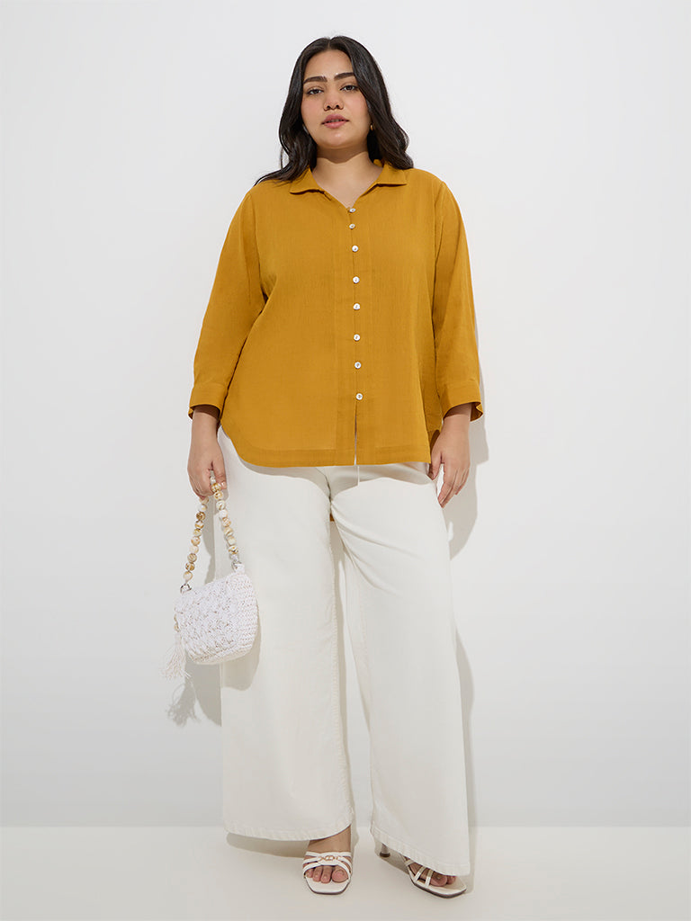 Westside Gia Women's Mustard Crinkle-Textured Cotton Blouse for Casual Wear Front View