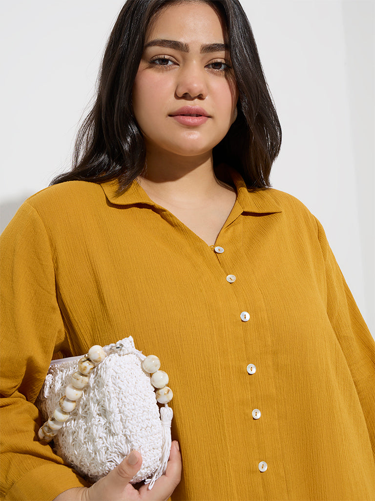 Westside Gia Women's Mustard Crinkle-Textured Cotton Blouse for Casual Wear Zoom View