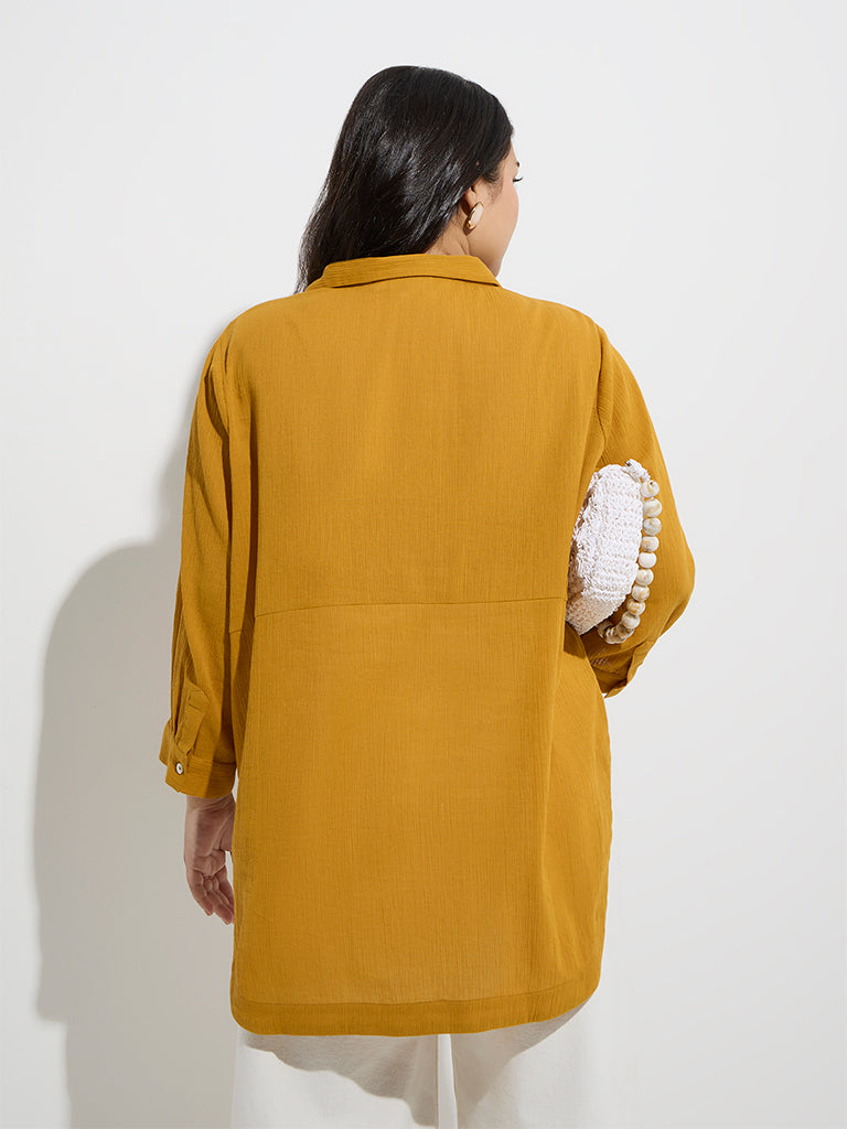 Westside Gia Women's Mustard Crinkle-Textured Cotton Blouse for Casual Wear Back View