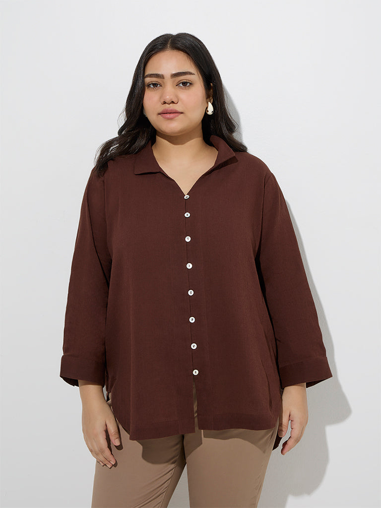 Westside Gia Women's Dark Brown Crinkle-Textured Cotton Blouse for Casual Wear Front View