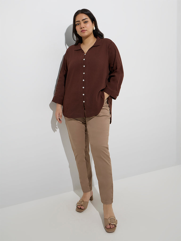 Westside Gia Women's Dark Brown Crinkle-Textured Cotton Blouse for Casual Wear Full Model View
