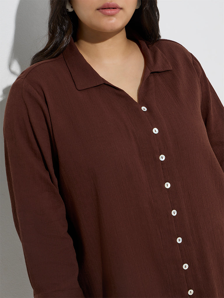 Westside Gia Women's Dark Brown Crinkle-Textured Cotton Blouse for Casual Wear Zoom View