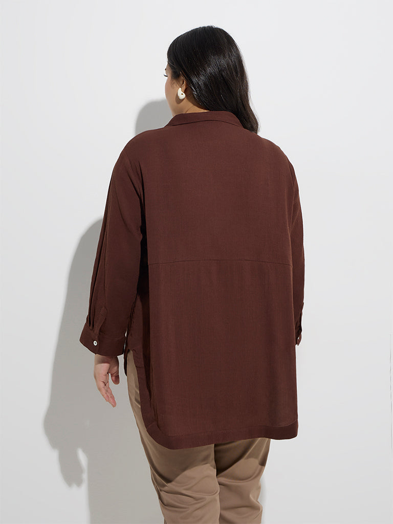Westside Gia Women's Dark Brown Crinkle-Textured Cotton Blouse for Casual Wear Back View