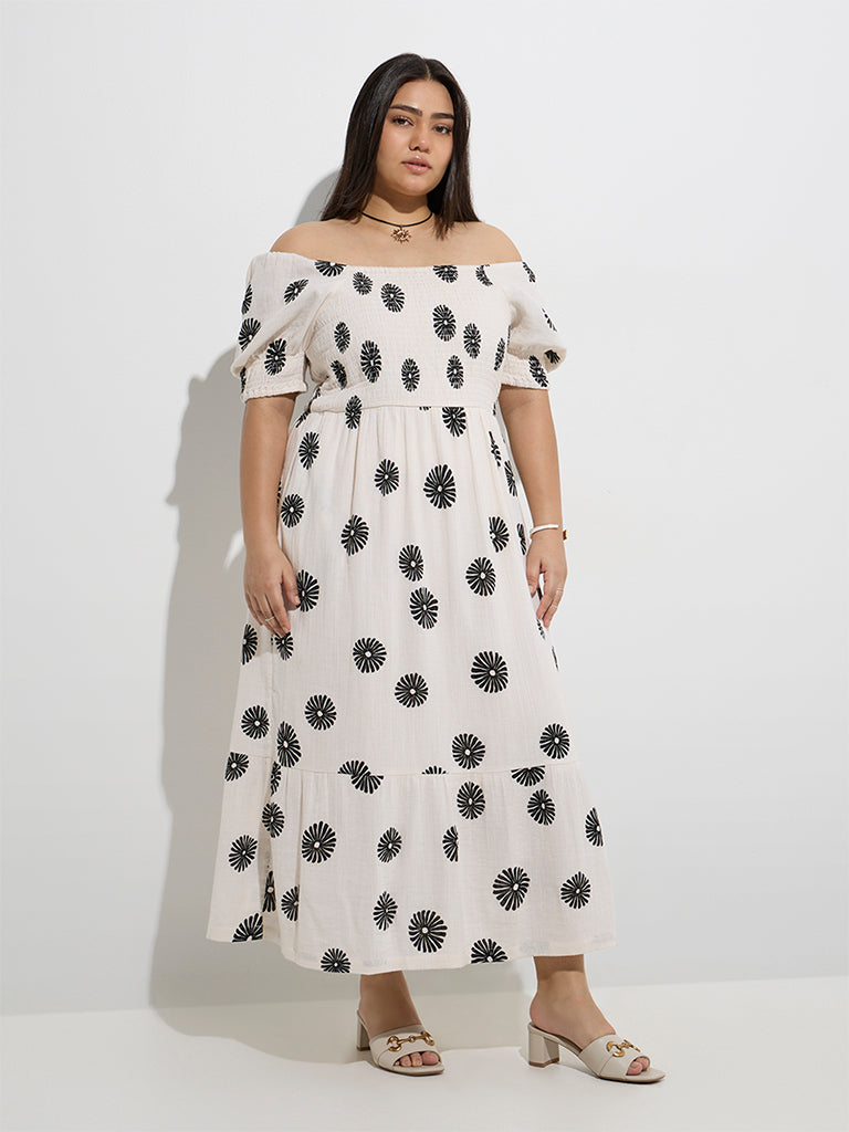 Westside Gia Women's Off-White Floral Pattern Cotton A-Line Dress for Casual Wear Front View