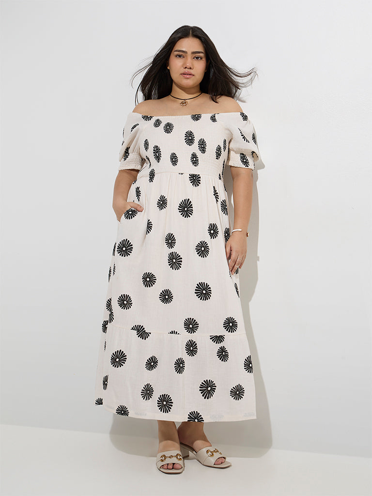 Westside Gia Women's Off-White Floral Pattern Cotton A-Line Dress for Casual Wear Full View