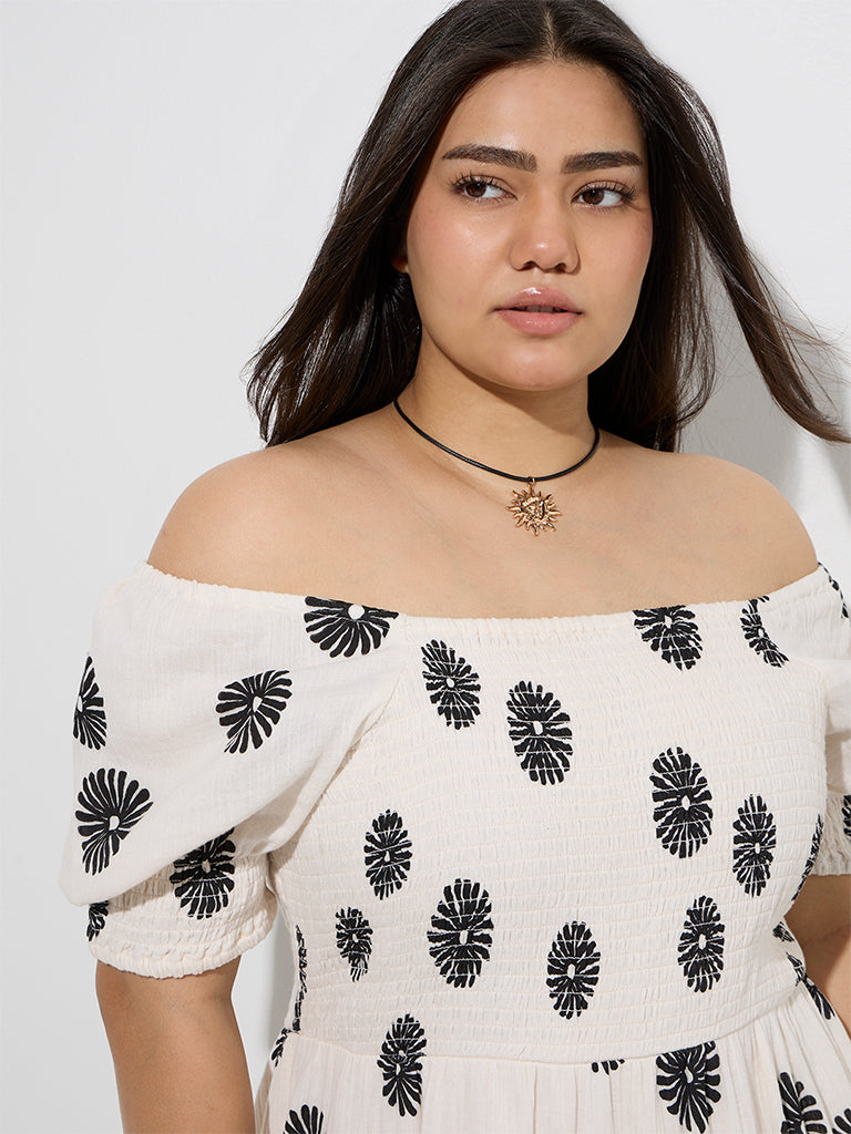 Westside Gia Women's Off-White Floral Pattern Cotton A-Line Dress for Casual Wear Zoomed View